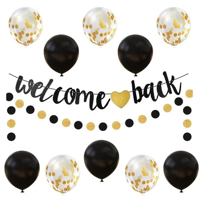Image de Bienvenue Ensemble de décoration noir et or : guirlande et ballons