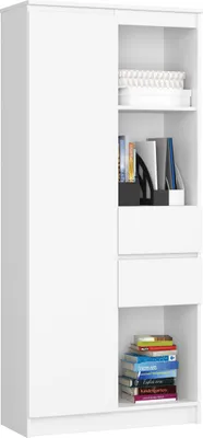 Produktbild von Schrank Büroregal Bücherregal Regal weiß 80cm breit 180cm hoch, mit Tür und 2 Schubladen mittig