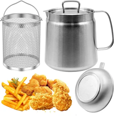 Produktbild von 2L Sieb, Topffritteuse, 304 Edelstahl, Ölfiltertopf mit Sieb & Fritteusenkorb für Küche, Multifunktions-Bratnetz-Tank, Fettbehälter