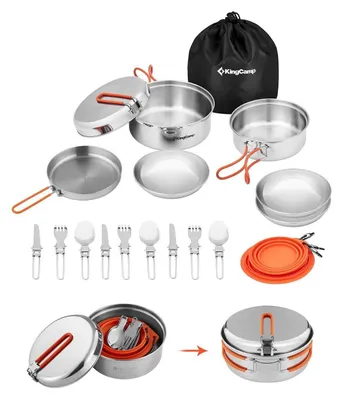 Image de Ensemble de vaisselle de camping, 22 pièces, pour 3 personnes, en acier inoxydable et en silicone
