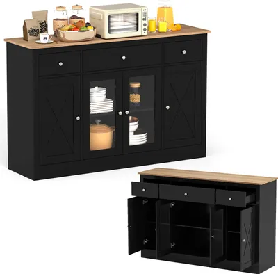 Produktbild von KOMFOTTEU Buffetschrank mit 3 Schubladen, Sideboard mit 3 Schränken mit Türen, Küchenschrank mit verstellbaren Einlegeböden, Buffet 140 x 40 x 90 cm (Schwarz)
