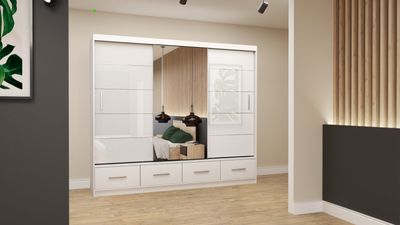 Schwebetürenschrank Schrank Kleiderschrank 250 cm semigloss Weiß/Weiß  mit Spiegel Florence