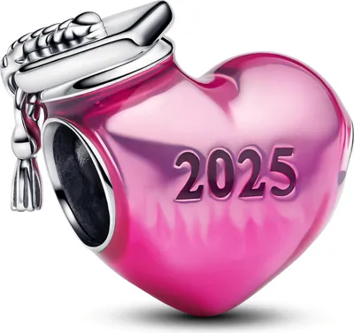 A pink heart-shaped charm with the year 2025 engraved on it, topped with a graduation cap.