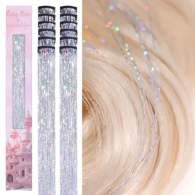 Image de Kit de 12 mèches brillantes argentées de 60 cm, à clipser, pour cheveux, idéal pour les filles