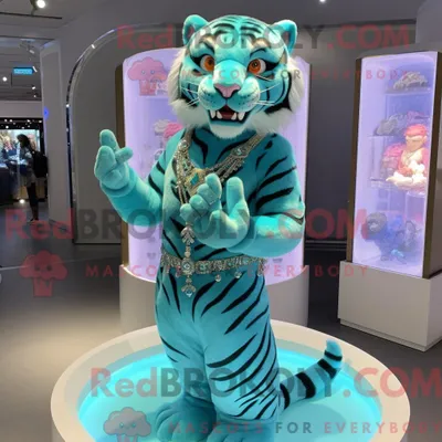 Produktbild von Türkises REDBROKOLY Tiger-Maskottchenkostüm mit Abendkleid und Ringen