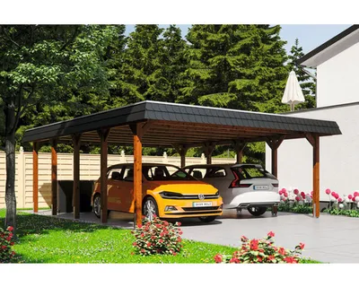 Produktbild von Doppelcarport SKAN HOLZ Spreewald schwarze Blende inkl. EPDM Folie, Pfostenanker 585 x 741 cm nussbaum