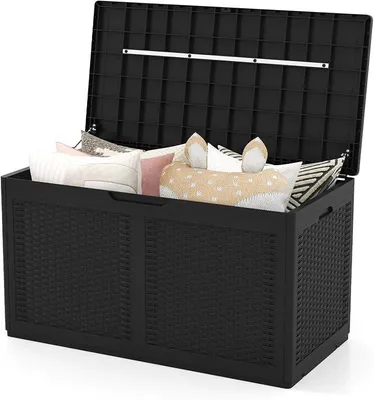 Imagen del producto de Caja de jardín de 380 litros con ruedas, caja de almacenamiento impermeable que incluye tapa, y caja de jardín con estructura de ratán para accesorios de piscina, herramientas de jardín y artículos de balcón ()