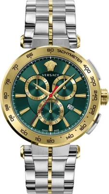A close-up studio shot of a men's chronograph watch with a green dial, gold and silver band, and gold bezel.
