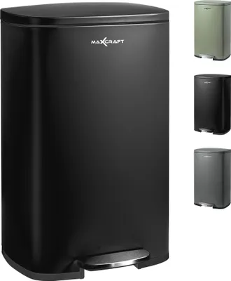 A black MAXCRAFT pedal bin is shown in the foreground, with smaller images of the same bin in green and gray to the right.