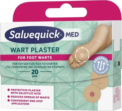 The image shows the front packaging of Salvequick MED Wart Plaster for Foot Warts.