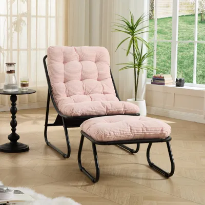 Produktbild von Gartenliege mit Hocker, bequemer Relaxsessel mit weichem Kissen und Fußhocker, ideal für Wohnzimmer, Schlafzimmer und Leseecke, beiges Gestell