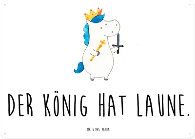Produktbild von Mr. & Mrs. Panda Wandbild Einhorn König mit Schwert DIN A4 - Weiß - Geschenk, Ritter, Einhörner, Schild, tafel, Unicorn, Blechschild, Türschild, Mittelalter, Retro