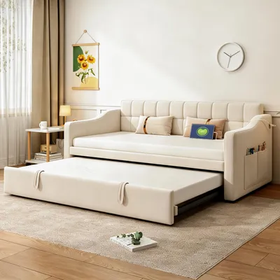 Produktbild von MODFU Tagesbett 90x190 Ausziehbett 180x190 cm,Polsterbett aus Samt,Schlafsofa Jugendbett mit Lattenrost,ohne Matratze,Beige