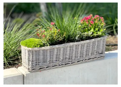 Produktbild von Rattan Pflanzkorb Rustikal rund, groß, grau, Outdoor Blumentopf, Pflanzkübel, Pflanztopf für Draußen, Blumenkübel, Blumenkasten, Pflanzkasten (Pflanzkasten rechteckig 60 cm)