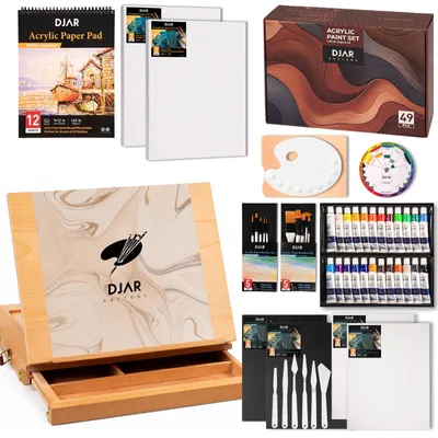 Acrylfarbset 50-teilig mit Tischstaffelei, 24 Farben, Zubehör