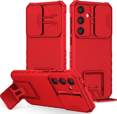Image de Étui pour Samsung Galaxy S26+ double couche robuste, étui de protection militaire avec support et protection coulissante pour caméra rouge