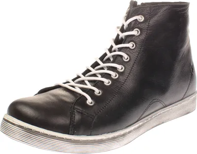 A black leather high-top boot with white laces and a silver sole is shown against a white background.