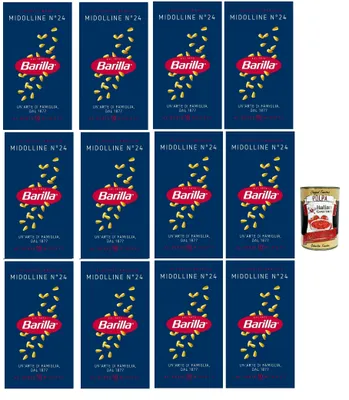 Produktbild von Barilla Midolline N.24 – 12×500 g Suppenpasta aus Hartweizengrieß, feinkörnig für Brühen & Minestrone, al dente in 10 Min., hergestellt in Italien + Italian Gourmet polpa