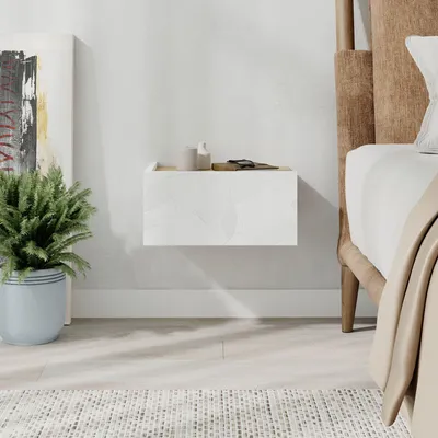 Obrázok produktu pre Skye Decor, kvalitný nočný stolík, 38,4 x 18,5 x 31 cm, 100 % melamínom potiahnutá drevotriesková doska, hrúbka 18 mm, možnosť montáže na stenu, biela a dubová farba, moderný škandinávsky dizajn.