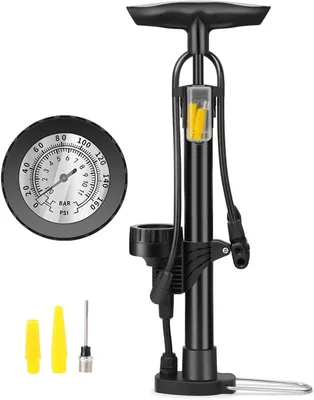 Imagen del producto de Bomba de bicicleta con manómetro, compatible con válvulas Presta y Schrader, bomba de pie, para todas las bicicletas