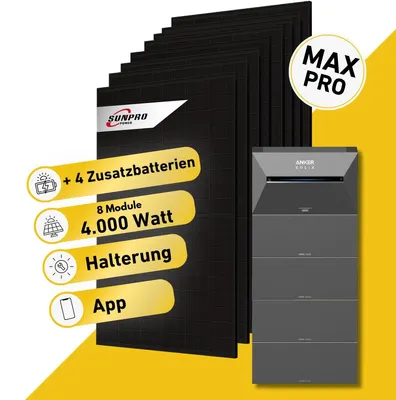 Produktbild von Balkonstrom Balkonkraftwerk 4000W mit Speicher | 4xZusatzspeicher | Ziegeldachhalterung | 8xSolarmodul Bifazial | Anker Solix 3 Pro |Kabel 15m
