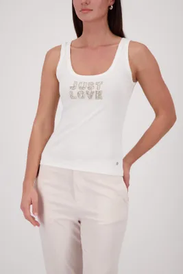 Produktbild von Damen Top aus Baumwolle mit Ripp-Struktur, Strasssteinen und "Just Love"-Schriftzug