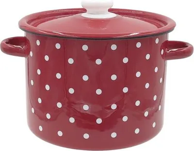 A red polka dot pot with a lid.