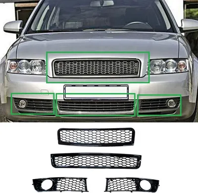 Produktbild von Kühlergrill + Stoßstange Waben Gitter LINKS + RECHTS + MITTE SCHWARZ GLANZ für