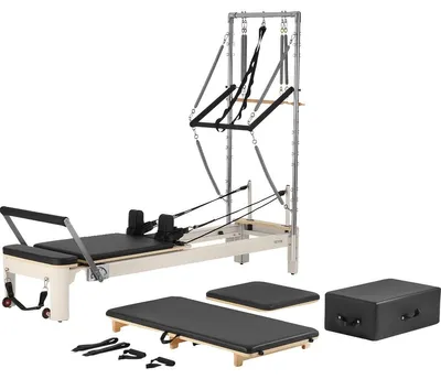 Produktbild von VEVOR Pilates Reformer, Holz-Pilates-Maschine für das Heimstudio, Krafttraining Workout-Ausrüstung mit doppeltem Widerstand, Reformer-Box, Sprungbrett, für fortgeschrittene Benutzer und Anfänger, bis zu 400 LBS, Aluminiumlegierungsrahmen