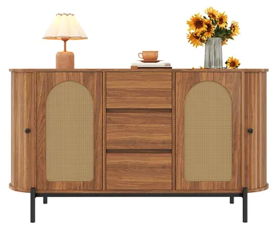 Image de Buffet ovale en rotin, avec portes coulissantes, tiroirs, étagères réglables, aspect bois et pieds en métal