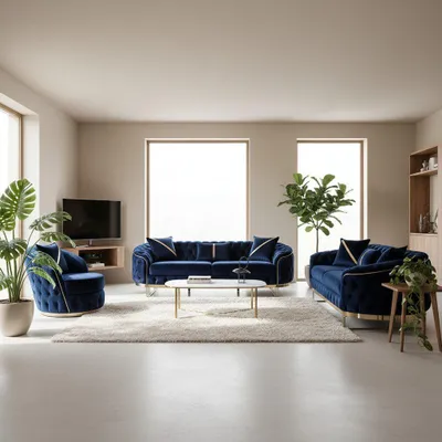 Produktbild von Sofa -Set MIRA mit Knopfheftung in 5 edlen Farbvarianten 3-Sitzer + 3-Sitzer + Sessel Farbe: Blau