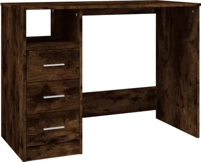 A studio shot of a wooden desk with drawers.