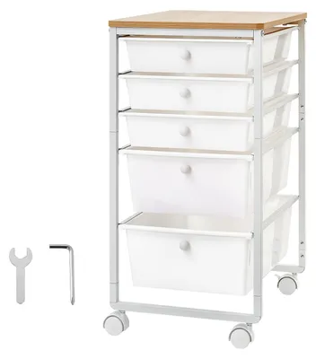 Immagine prodotto di Carrello SucceBuy con 5 cassetti, contenitore di stoccaggio mobile 400x330x635mm, colore bianco, struttura in metallo robusta, superficie in legno, maniglie pratiche, ruote con 2 freni, ideale per ufficio, stanza degli hobby e camera da letto