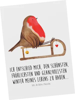 Produktbild von Mr. & Mrs. Panda Postkarte Rotkehlchen Schlitten - Weiß - Geschenk, Vogel, Weihnachten, Grußkarte, Postkarten, bildkarte, Ansichtskarten, Ansichtskarte