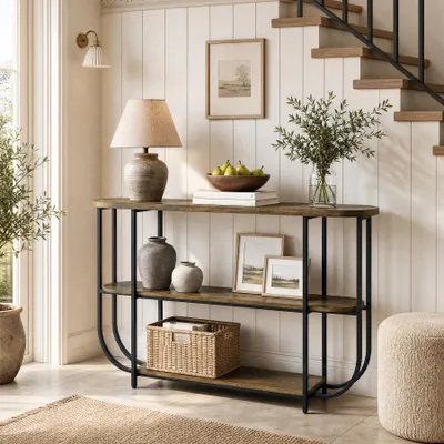 Obrázok produktu pre Tribesigns, konzolový stolík, 160 cm, trojstupňový doplnkový stolík s ohybanou kovovou konštrukciou, vstupné stolíky vhodné do predsiene, obývačky a chodby