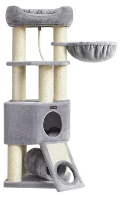 Image de Arbre à chat avec griffoir, tunnel et litière pour chat, en sisal et peluche, couleur naturelle, dimensions : 80 x 53 x 49,2 cm