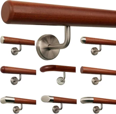Produktbild von TIBU Mahagoni Holz Handlauf Geländer 0,3m - 5m, Länge 470 cm, Ende Radius gefräst und 6 gewinkelte Halter