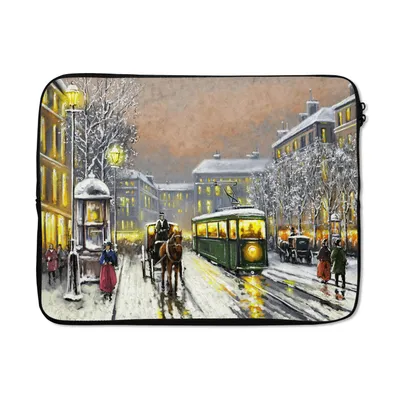 Produktbild von MuchoWow® Laptop Hülle 15 Zoll Gemälde - Ölgemälde - Winter - Straßenbahn - Pferd Laptoptasche - Laptoptasche - Sleeve - Rundum-Schutz