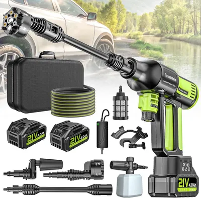Produktbild von 120Bar Akku Hochdruckreiniger mit 2× 4000mAh Akkus, 4-Stufen Druck Hochdruckreiniger mit 180° Rotationsdüse, Schaumsprüher & 5m Schlauch für Auto