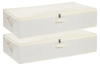 Image de Boîte de rangement pliable à placer sous le lit - Boîte de rangement avec couvercle - Boîte de rangement pour vêtements - Boîte de rangement pour couettes - Beige - 60x30x15 cm