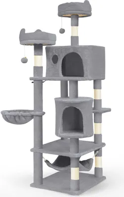 Obrázok produktu pre VOUNOT® Mačací strom 168 cm, viacposchodový nábytok pre mačky XXL, s košíkom, hojdacou sieťou, plyšovými loptičkami, hrubými kmeňmi, lezeckým stromom pre mačky, sivý
