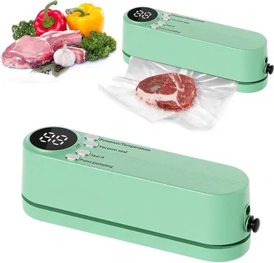 Productafbeelding van Mini-vacuümmachine voor voedsel - 3-in-1 draadloos, oplaadbaar apparaat voor voedsel, geschikt voor droge en vochtige producten, inclusief 4 snackzakken, 1 opbergzak en een opblaasapparaat. Ideaal voor gebruik in de keuken thuis (groen)