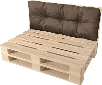 A pallet sofa with a brown cushion.