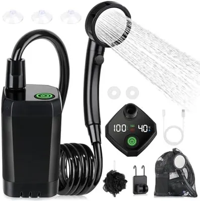 Produktbild von Spopal Campingdusche Tragbare, [6000mAh] Camping Dusche mit mit Pumpe und Temperaturanzeige, Camping Dusche Outdoor Set mit Duschkopf und 2M Schlauch für Garten, Autowaschen, Strand, Reisen, Haustier