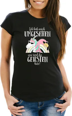 Produktbild von Damen T-Shirt Ich hab mich umgesehen wir sind die geilsten hier Flamingo Einhorn Slim Fit Moonworks® schwarz M