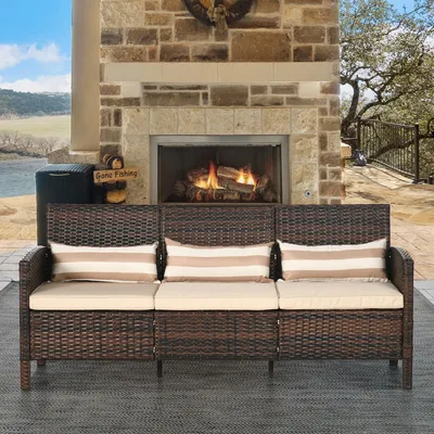 Produktbild von Gartensofa 3-Sitzer PE-Rattan mit Kissen, Loungesofa Dreisitzer Terrassensofa, Polyrattan Stahl, Braun | 173x68x78 cm | bis 330 kg | wetterfest