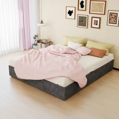 Imagen del producto de Cama tapizada Zerbaco, tamaño doble, 160x200 cm, con cajón de almacenamiento hidráulico, color gris, con somier, sin cabecero, e incluye colchón