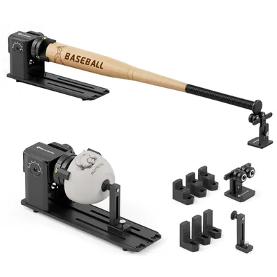 A product shot showing a rotary roller attachment for a laser engraver, with a baseball bat and a baseball mounted on it to demonstrate its function. Several smaller accessory pieces are also shown.