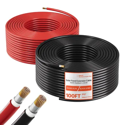Image de Rallonge de câble solaire - Lot de 2 câbles 10 AWG (env. 5,26 mm²) - 2 x 30,5 m - Cuivre étamé - Pour installations photovoltaïques hors réseau - Résistant aux UV et aux intempéries, étanche IP67 - Noir et rouge