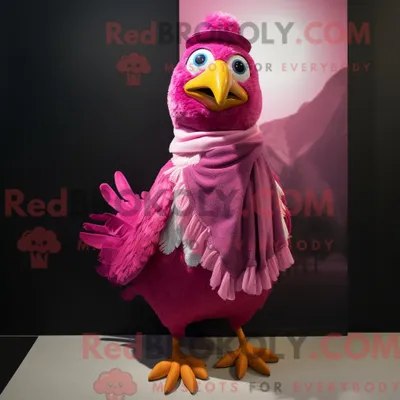 Produktbild von Maskottchenfigur REDBROKOLY eines magentafarbenen Huhns mit Kleid und Schalklammern
